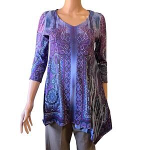 One World Purple Blue Tunic Top XS Studded Asymmetrical Flared Casual Comfy
